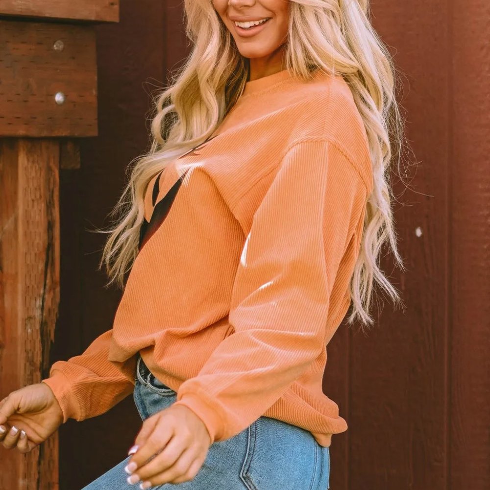 Orange Pumpkin Smile Face Graphic Sweatshirt - Picture 3 of 9
